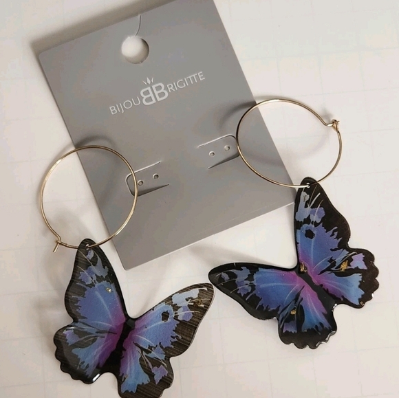Bijou Brigitte Butterfly Dangle Drop Hoop Earrings Blue Purple Acrylic Gold Tone - Picture 4 of 11